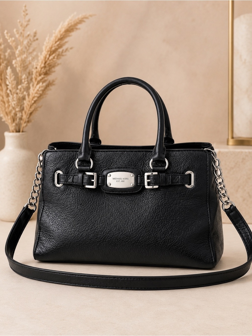 Michael Kors Hamilton Black Pebbled Leather Satchel Crossbody Silver Hardware